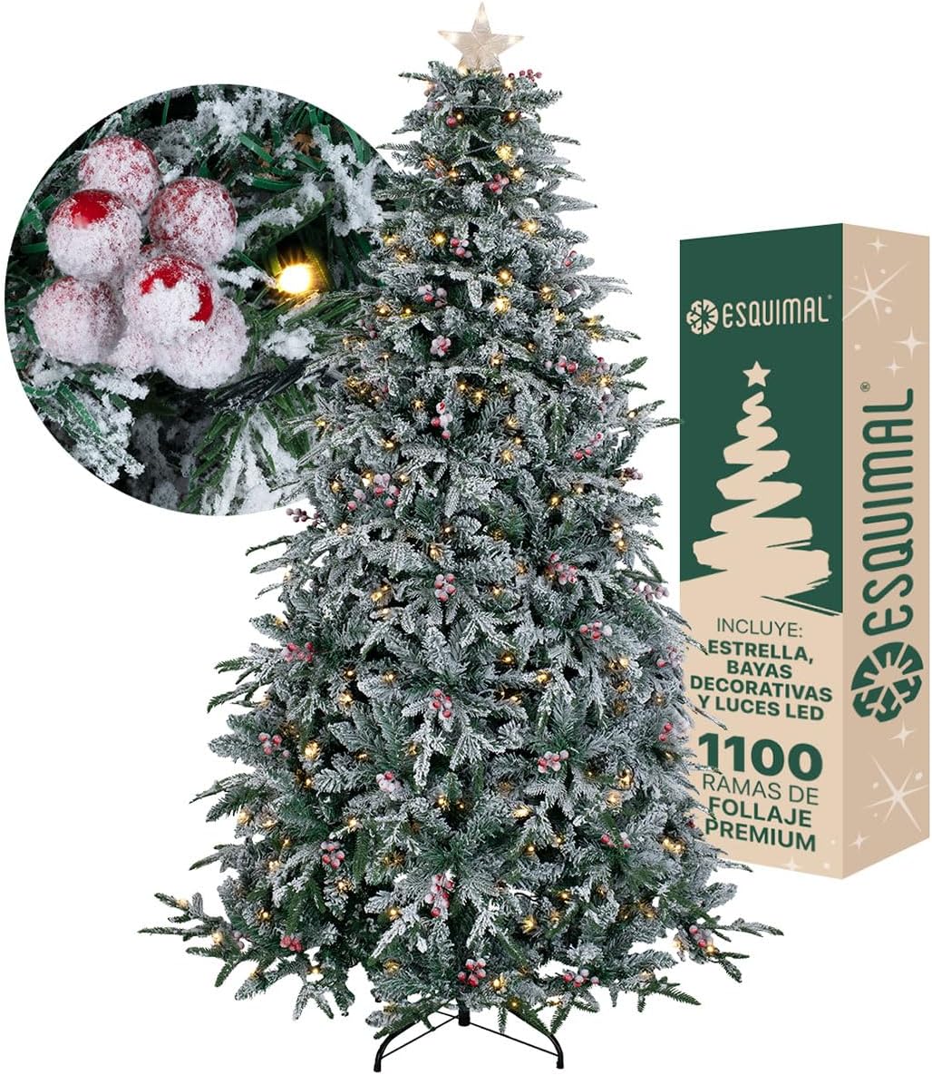 ESQUIMAL Árbol de Navidad Nevado con Luces LED 8 Modos de Iluminación + Estrella + Piñas + Bayas Rojas (1.80 m)
