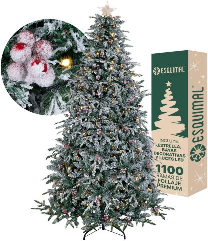 ESQUIMAL Árbol de Navidad Nevado con Luces LED 8 Modos de Iluminación + Estrella + Piñas + Bayas Rojas (1.80 m)