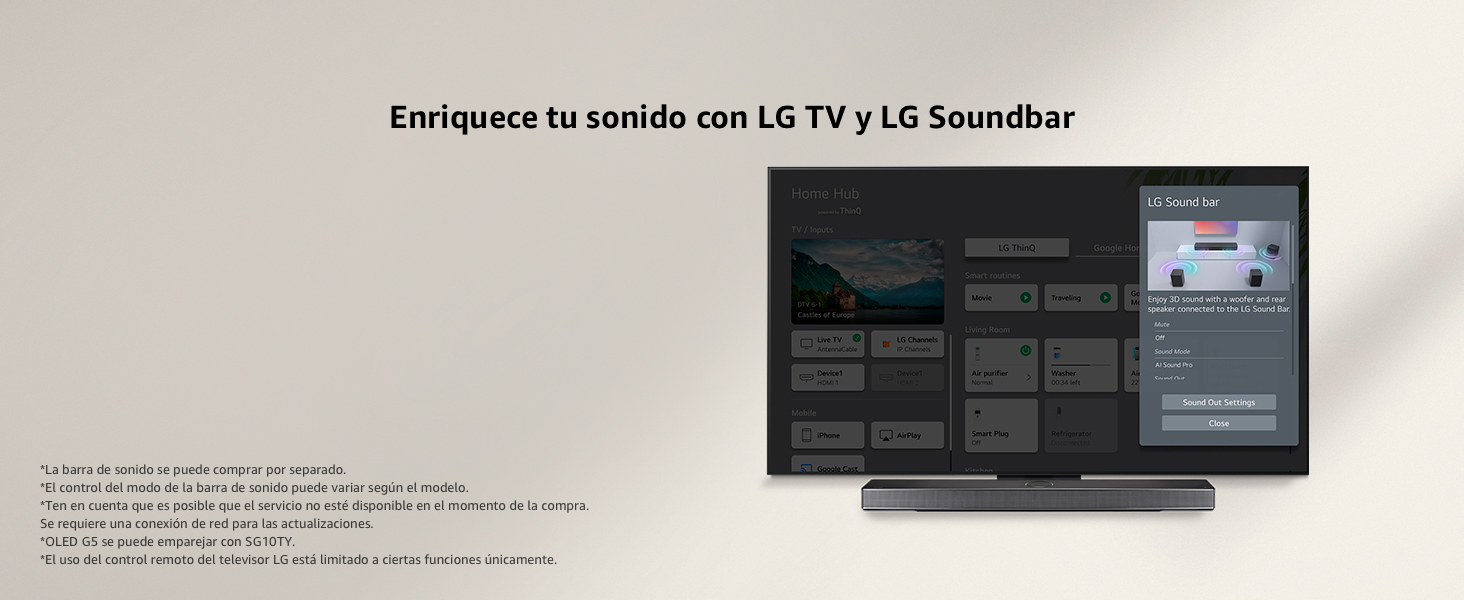LG Soundbar is below an LG OLED TV. The screen shows the UI for soundbar and TV volume controls