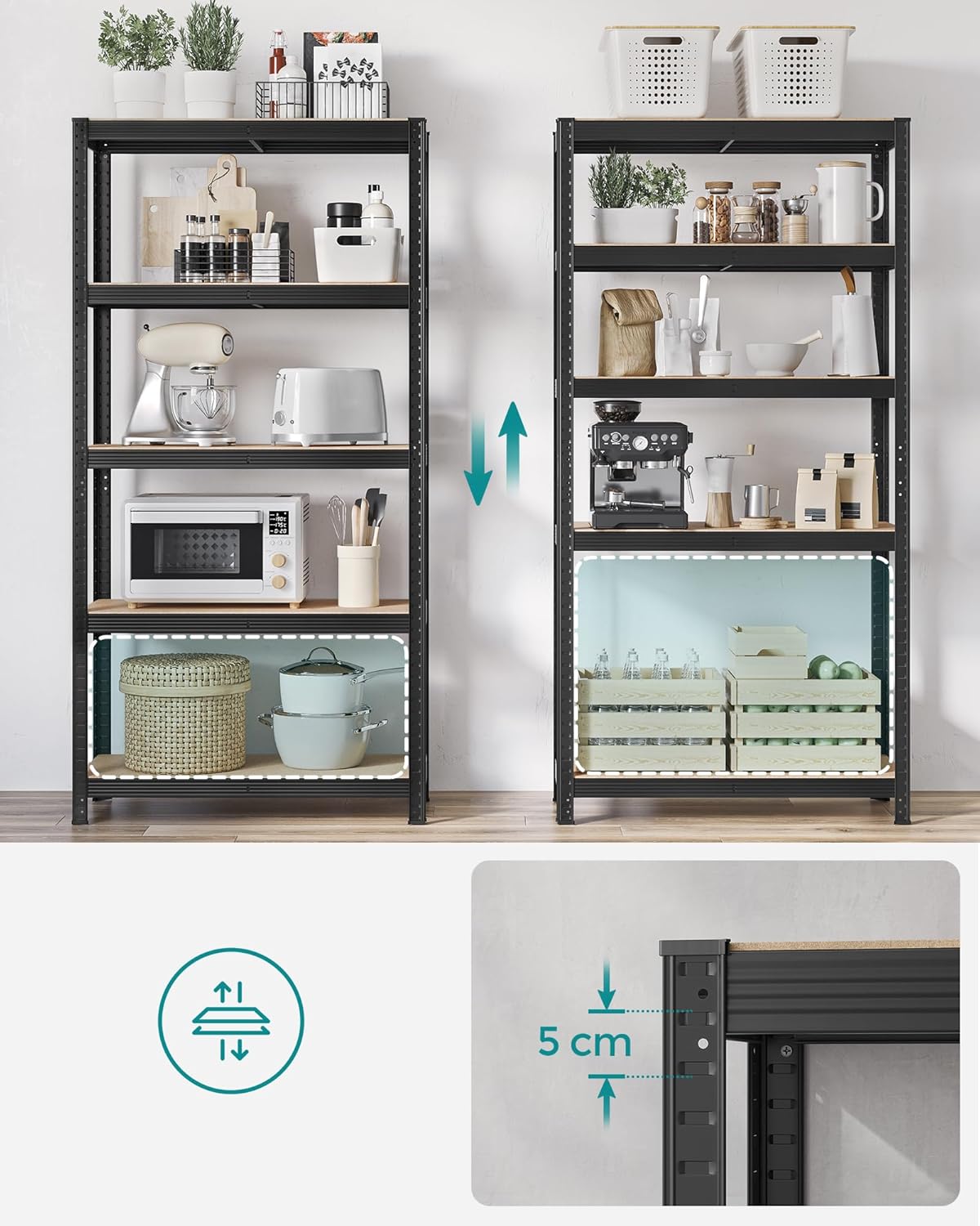 SONGMICS Juego de 2, Estantería Pesada de 5 Niveles, Estantería de Acero, Montaje sin Herramientas, 40 x 90 x 180 cm, Negro MGLR042B01