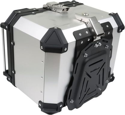 Labwork - Caja trasera para motocicleta de 45 l, con placa de montaje, aleación de aluminio dura, cierre de seguridad contra robo, metal plateado, caja trasera para maletero