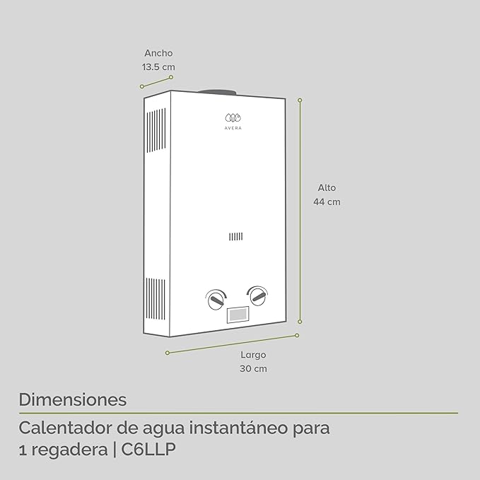 AVERA Calentador de Agua Instantaneo para 1 Regadera GAS LP, Perillas Reguladoras, (Ahorra Hasta 80% de Gas y Disfruta de Agua Caliente al Instante), Boiler de Paso, Capacidad 6 Litros/Minuto, C6L