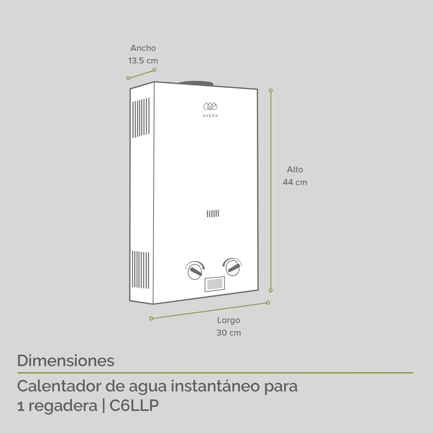 AVERA Calentador de Agua Instantaneo para 1 Regadera GAS LP, Perillas Reguladoras, (Ahorra Hasta 80% de Gas y Disfruta de Agua Caliente al Instante), Boiler de Paso, Capacidad 6 Litros/Minuto, C6L
