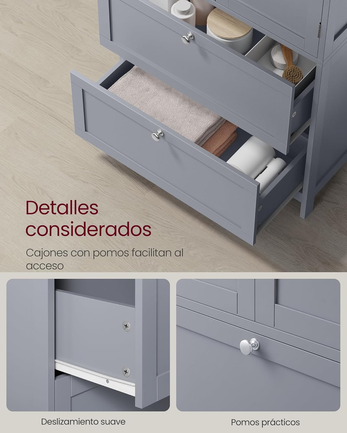 VASAGLE Mueble de Baño, Armario de Baño, Armario de Cocina, con 2 Puertas y 2 Cajones, Estantes Ajustables, 30 x 60 x 110 cm, Gris Paloma MBBC551G02