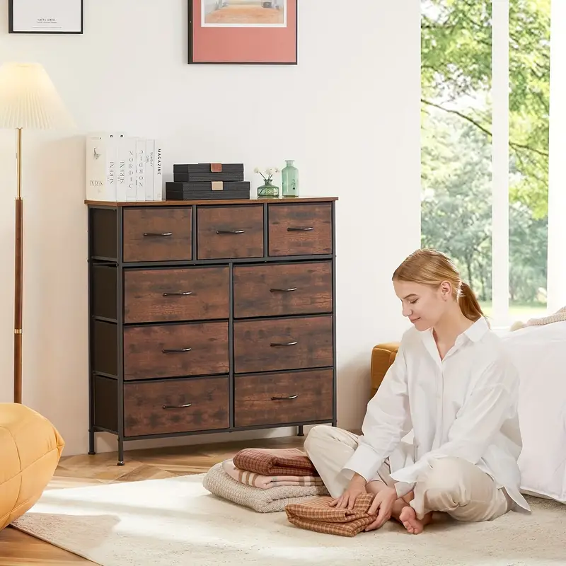 Dormitorio Cómoda, Cómoda y Cajonera Cómoda Organizador con 9 Cajones de Almacenamiento de Tela    , Cómoda de Dormitorio con   de Madera, Marco Engrosado, Para Armarios, Habitaciones, Pasillos detalles 2