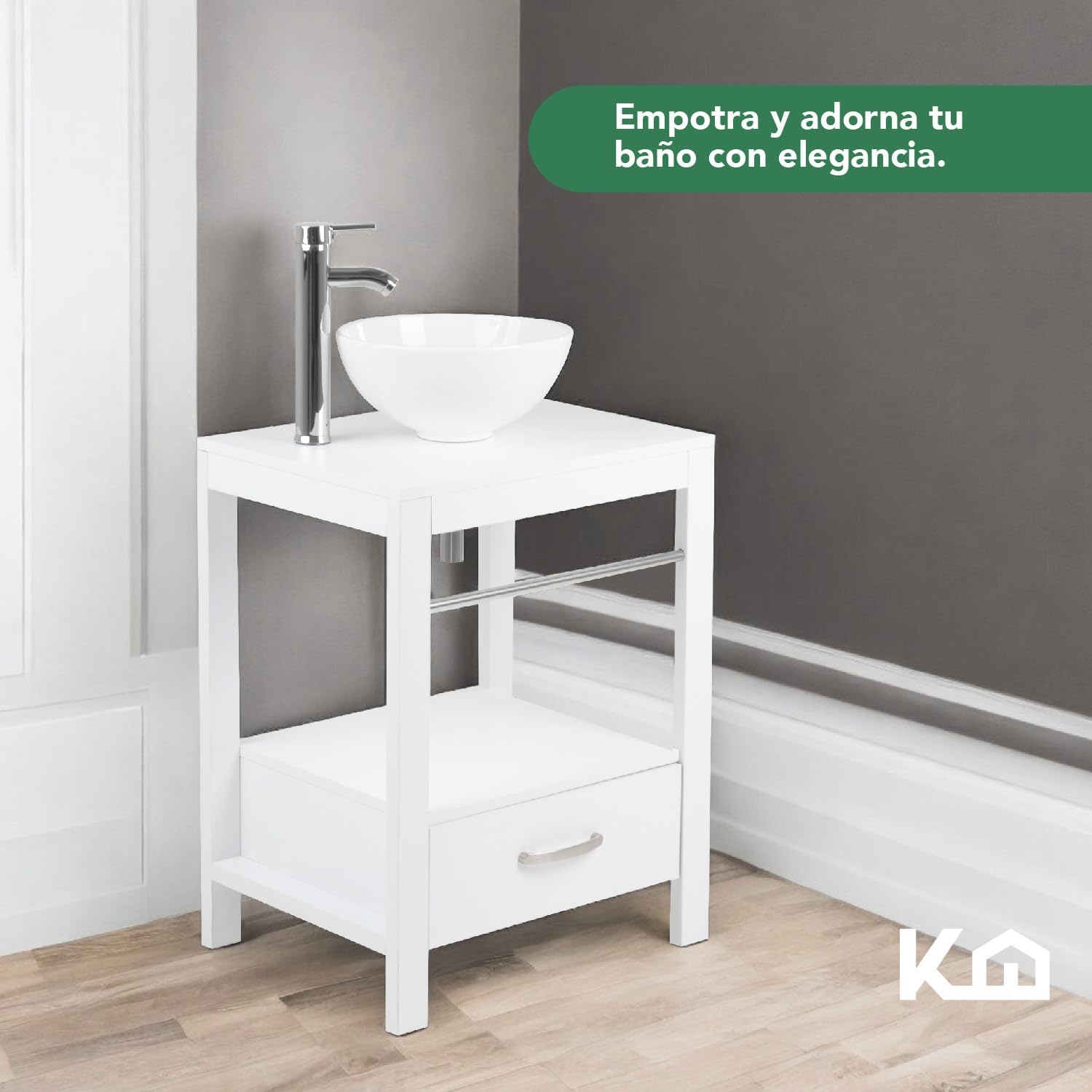 Kingshouse | Gabinete para Baño con Ovalín y Monomando – Mueble de Baño Lavamanos con 2 Cajones – Lavabo – Gabiente Organizador - Color Gris Mate – Fibra de Madera MDF – Lavamanos De Cerámica