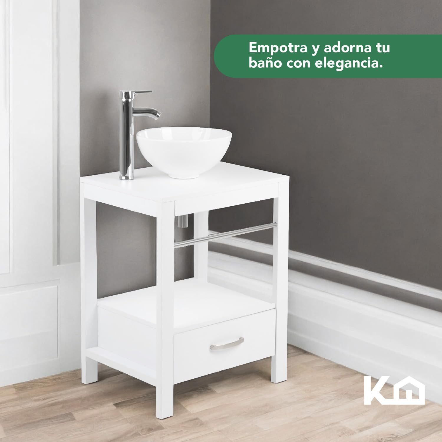 Kingshouse | Gabinete para Baño con Ovalín y Monomando – Mueble de Baño Lavamanos con 2 Cajones – Lavabo – Gabiente Organizador - Color Gris Mate – Fibra de Madera MDF – Lavamanos De Cerámica