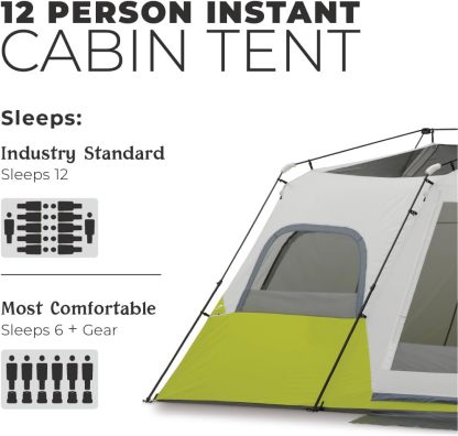 [Copy]CORE - Tienda de campaña instantánea para 12 personas | Tienda de campaña enorme de 3 habitaciones para familia con bolsillos de almacenamiento para accesorios de camping, tienda de campaña grande