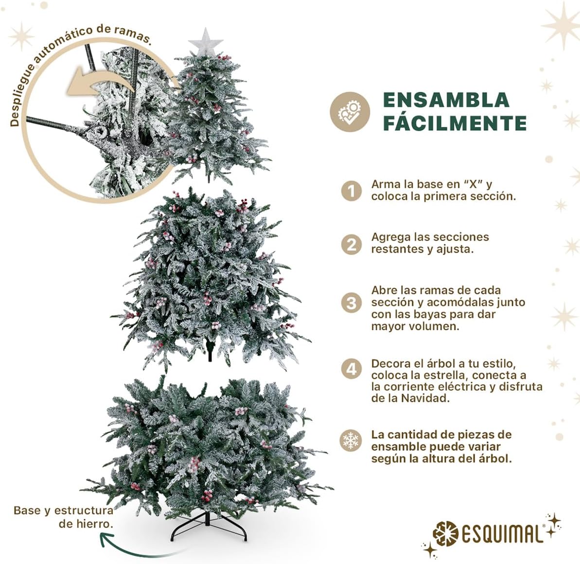 ESQUIMAL Árbol de Navidad Nevado con Luces LED 8 Modos de Iluminación + Estrella + Piñas + Bayas Rojas (1.80 m)