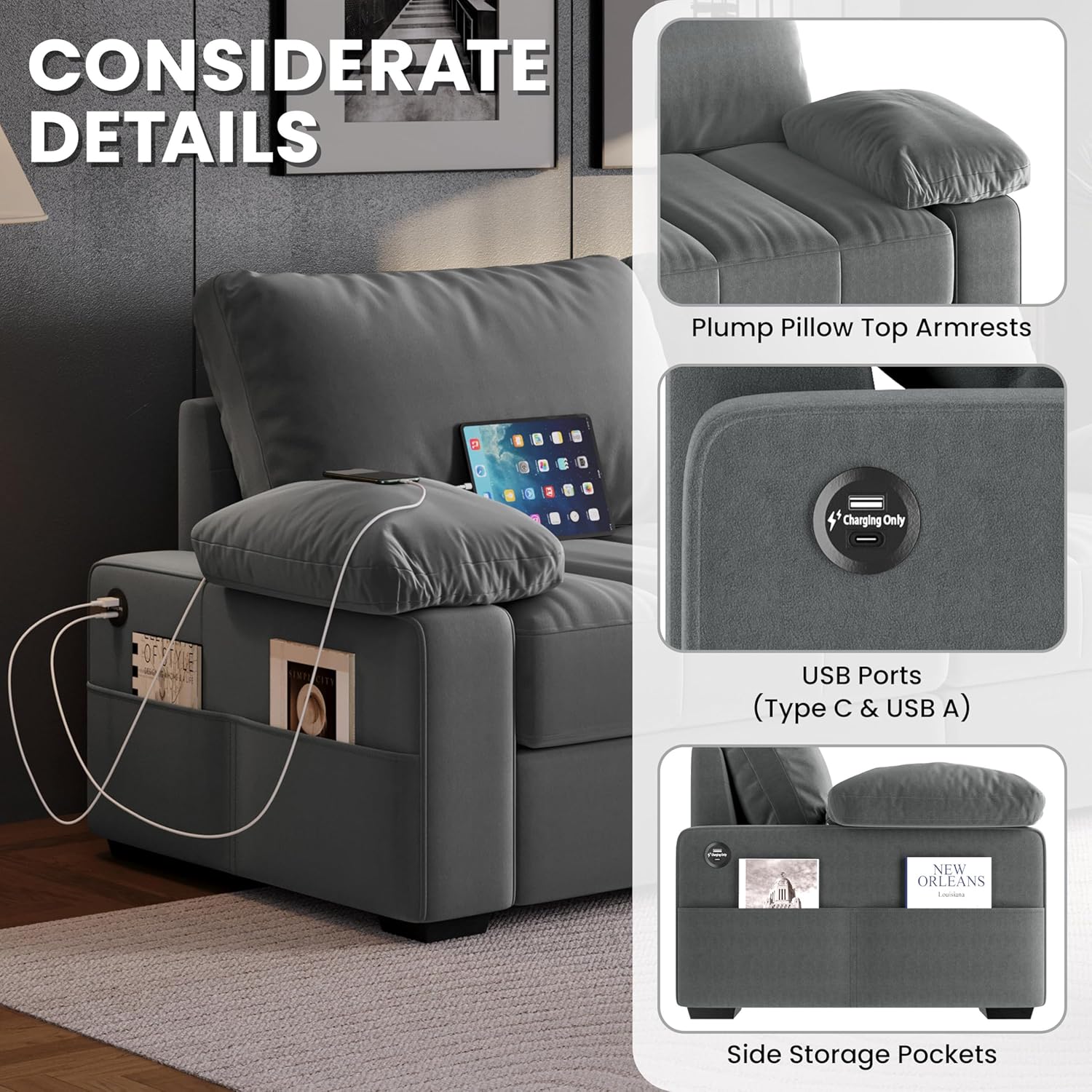 Yaheetech - Sofá de terciopelo de 79 pulgadas con bolsillos de almacenamiento y puertos USB, almohada y funda extraíbles, sofá moderno y cómodo sofá de dos plazas para sala de estar, departamento