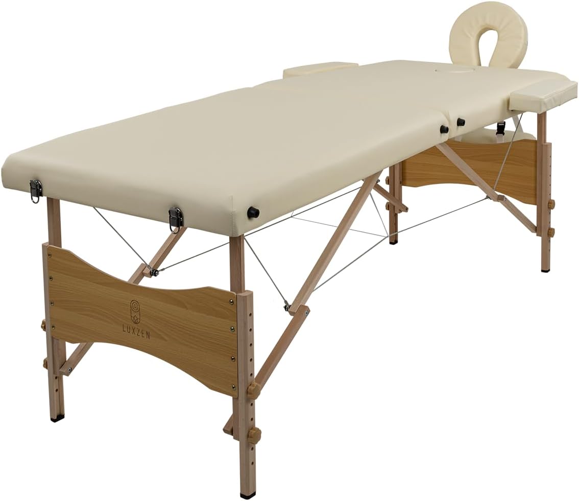 LUXZEN - Cama para Masajes Portatil Plegable Profesional con Estuche y Altura Ajustable Camilla Fisioterapia Ideal para Tatuar SPA Quiropraxia o Facial (Extra Grande 85cm Ancho) (Beige)