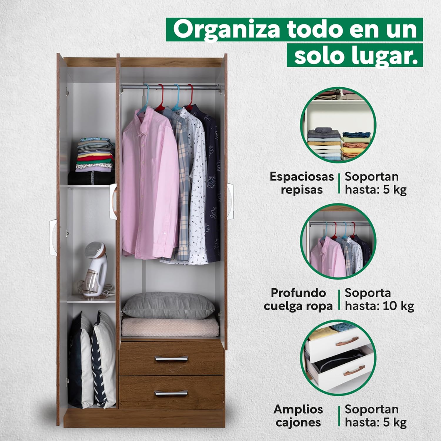 Kingshouse | Ropero De 6 Puertas con 2 Cajones – Color Café – Barra para Colgar – Estructura MDP – Mueble Organizador De Ropa – Armario para Casa, Recámara y Hogar