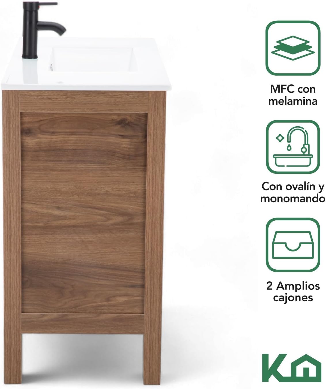 Kingshouse | Gabinete para Baño con Ovalín y Monomando – Mueble de Baño Lavamanos con 2 Cajones – Lavabo – Gabiente Organizador - Color Gris Mate – Fibra de Madera MDF – Lavamanos De Cerámica
