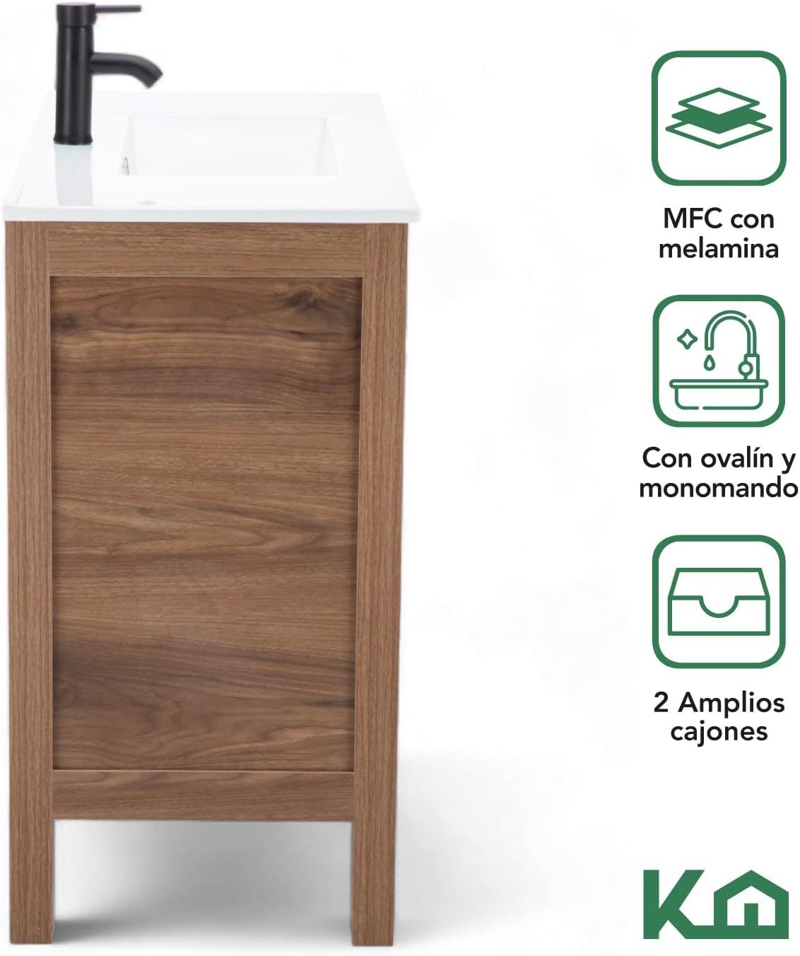 Kingshouse | Gabinete para Baño con Ovalín y Monomando – Mueble de Baño Lavamanos con 2 Cajones – Lavabo – Gabiente Organizador - Color Gris Mate – Fibra de Madera MDF – Lavamanos De Cerámica