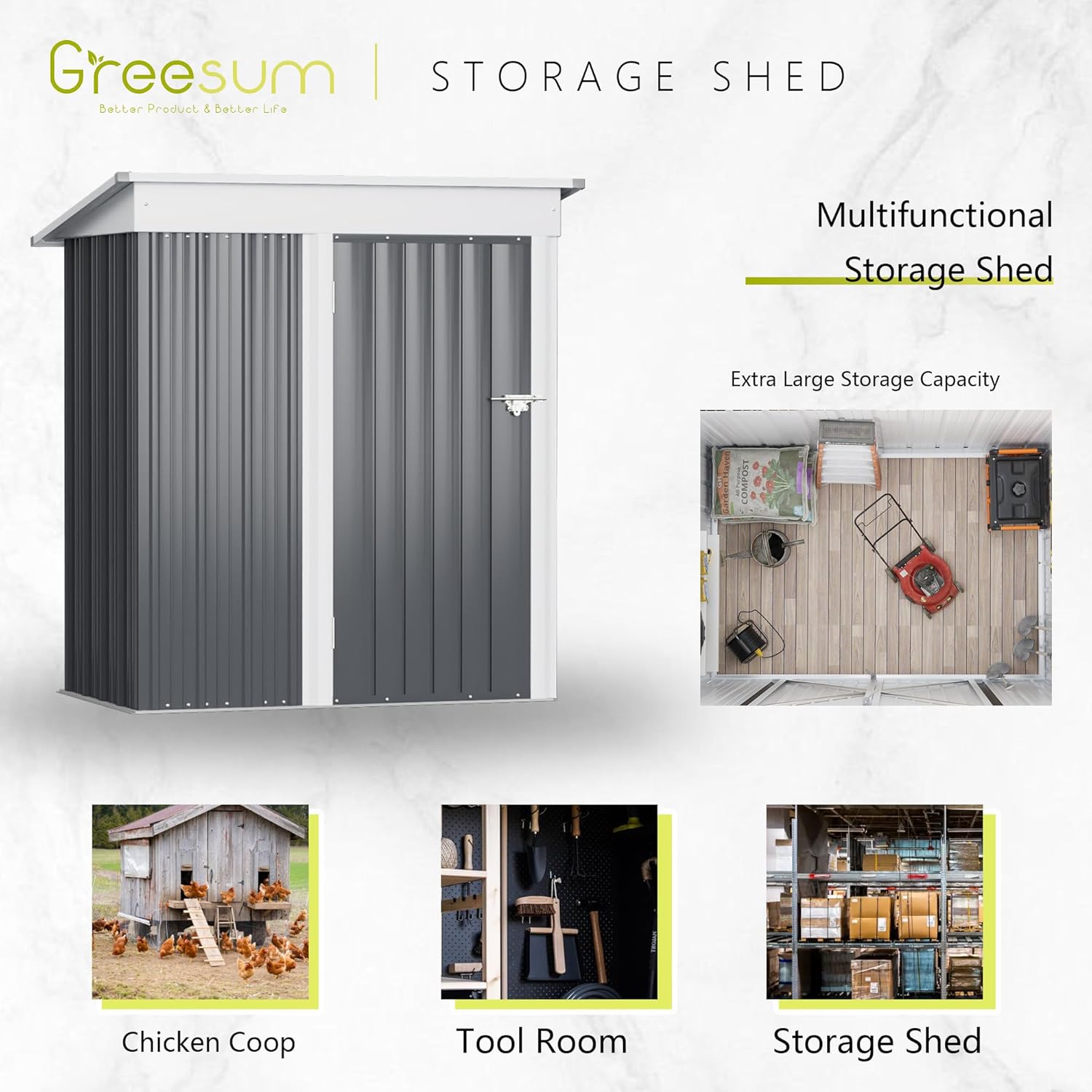 Greesum - Cobertizo de almacenamiento de metal para exteriores, 5 pies x 3 pies, herramienta de acero para cobertizo de almacenamiento con puerta y cerradura, para patio trasero, jardín, patio, césped (5 x 3 pulgadas), color café