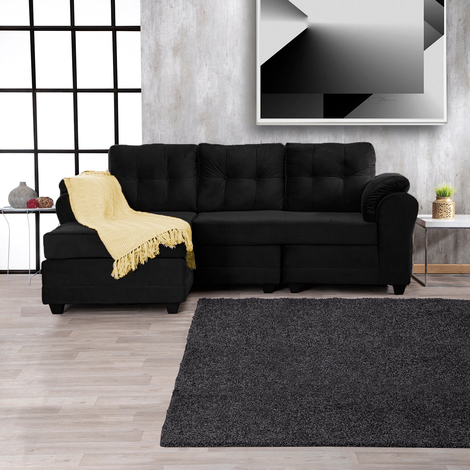 Sofá Seccional Intercambiable Queen Felpa Negro