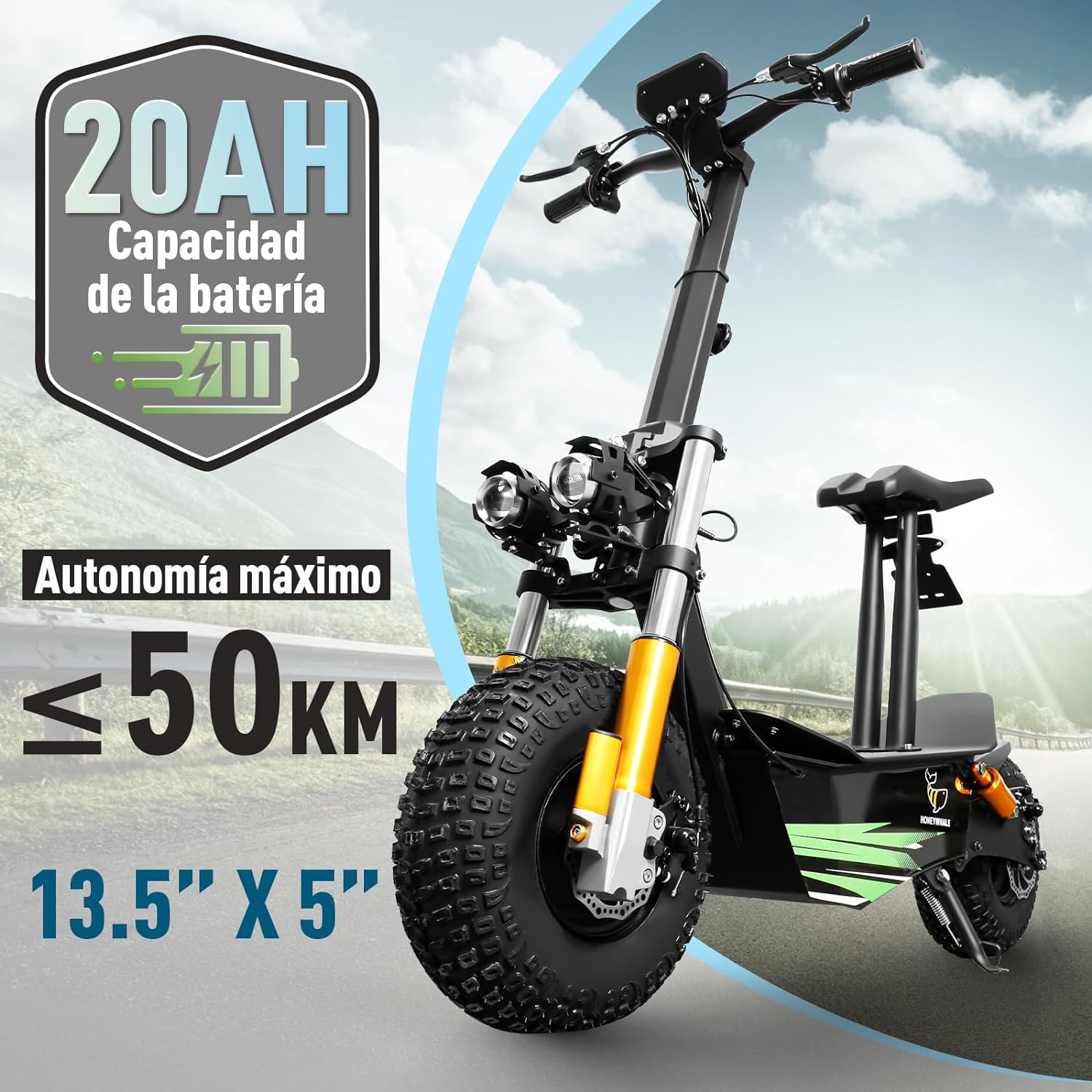 Discovery Moto Scooter Eléctrica para Adultos con Asiento, Patin Electrico Todoterreno con Motor de 3500W, Velocidad máxima 65KM/H, Batería de 20AH - 50KM de Autonomía