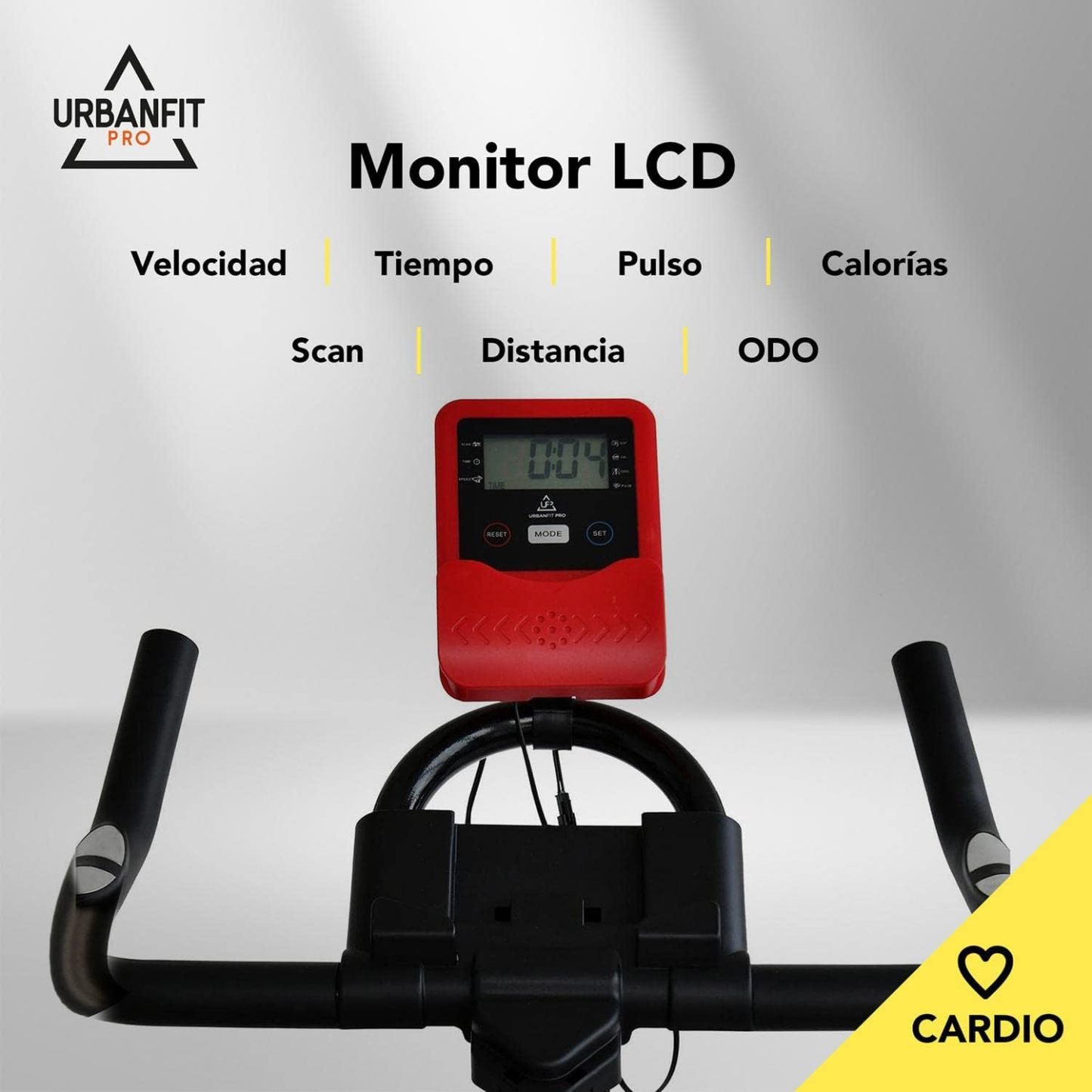 Bicicleta Fija para Spinning UrbanFit Pro Fitness Cardio de 15 Kg – Monitor Electrónico con 7 Funciones – Completamente Ajustable – Bici Fija para Spinning – Entrenamiento Cardio en Casa – Resistente y Fácil de Instalar – Variedad de Colores