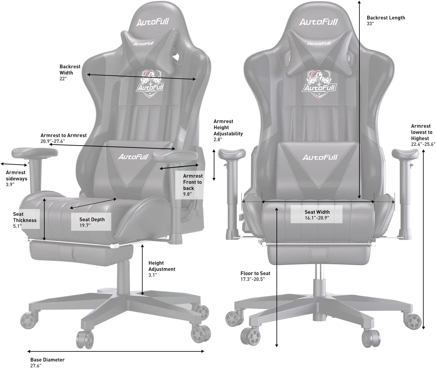 AutoFull Silla Gaming Ergonómica Silla de Oficina Silla Gamer Cuero de PU Silla de Escritorio,Altura e inclinación Ajustables,Soporte Lumbar y reposapiés,Negro