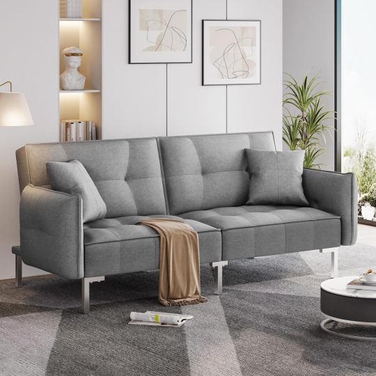 Yaheetech Sofá cama convertible moderno futón sofás, cama plegable y abajo, tela de lino reclinable para sala de estar, color gris-almohada