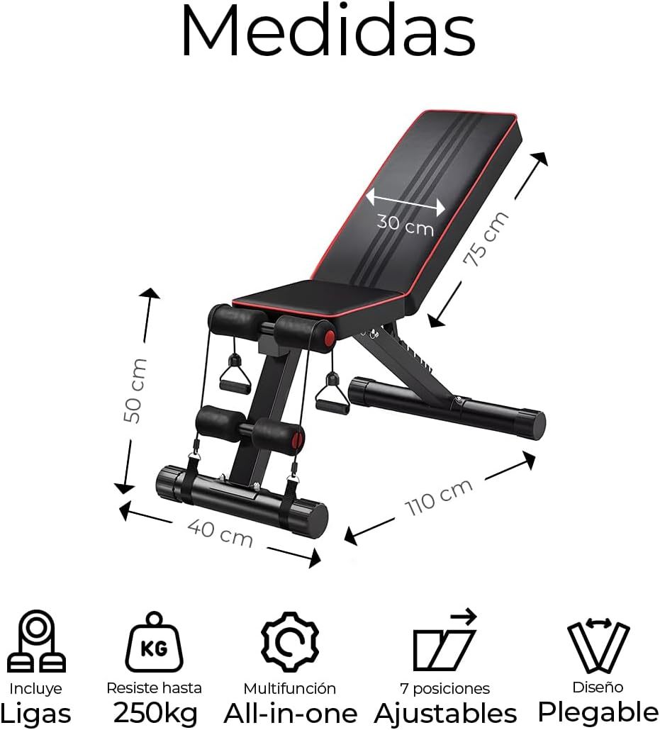 Raganet, Banco Fitness Multiposiscion, Banco de Addominales con 2 Ligas Incluidas, Asiento de Pesas Ajustable en 7 Posiciones, Soporta Hasta 250Kg, Negro