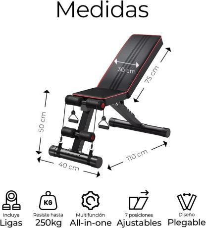 Raganet, Banco Fitness Multiposiscion, Banco de Addominales con 2 Ligas Incluidas, Asiento de Pesas Ajustable en 7 Posiciones, Soporta Hasta 250Kg, Negro