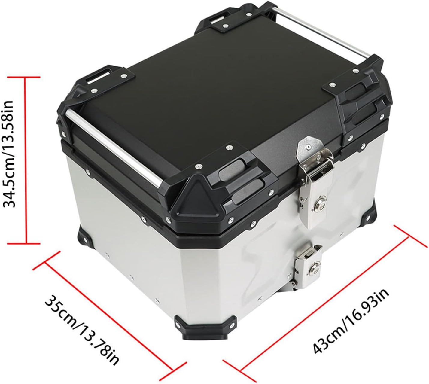 Labwork - Caja trasera para motocicleta de 45 l, con placa de montaje, aleación de aluminio dura, cierre de seguridad contra robo, metal plateado, caja trasera para maletero