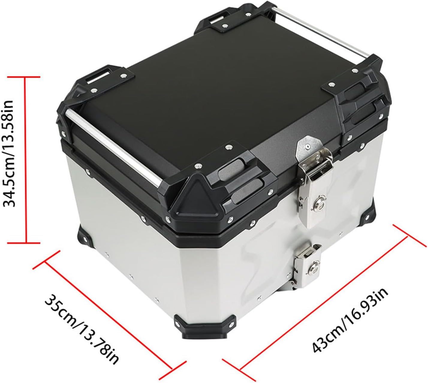 Labwork - Caja trasera para motocicleta de 45 l, con placa de montaje, aleación de aluminio dura, cierre de seguridad contra robo, metal plateado, caja trasera para maletero