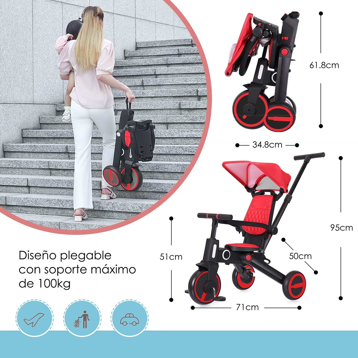 Triciclo de bebé 4 en 1, Bici polivalente, cochecito de dirección plegable, bicicleta de aprendizaje con barandilla desmontable, con toldo ajustable, arnés de seguridad, pedales plegable, freno, asa de empuje para padres, diseño de absorción de impactos,