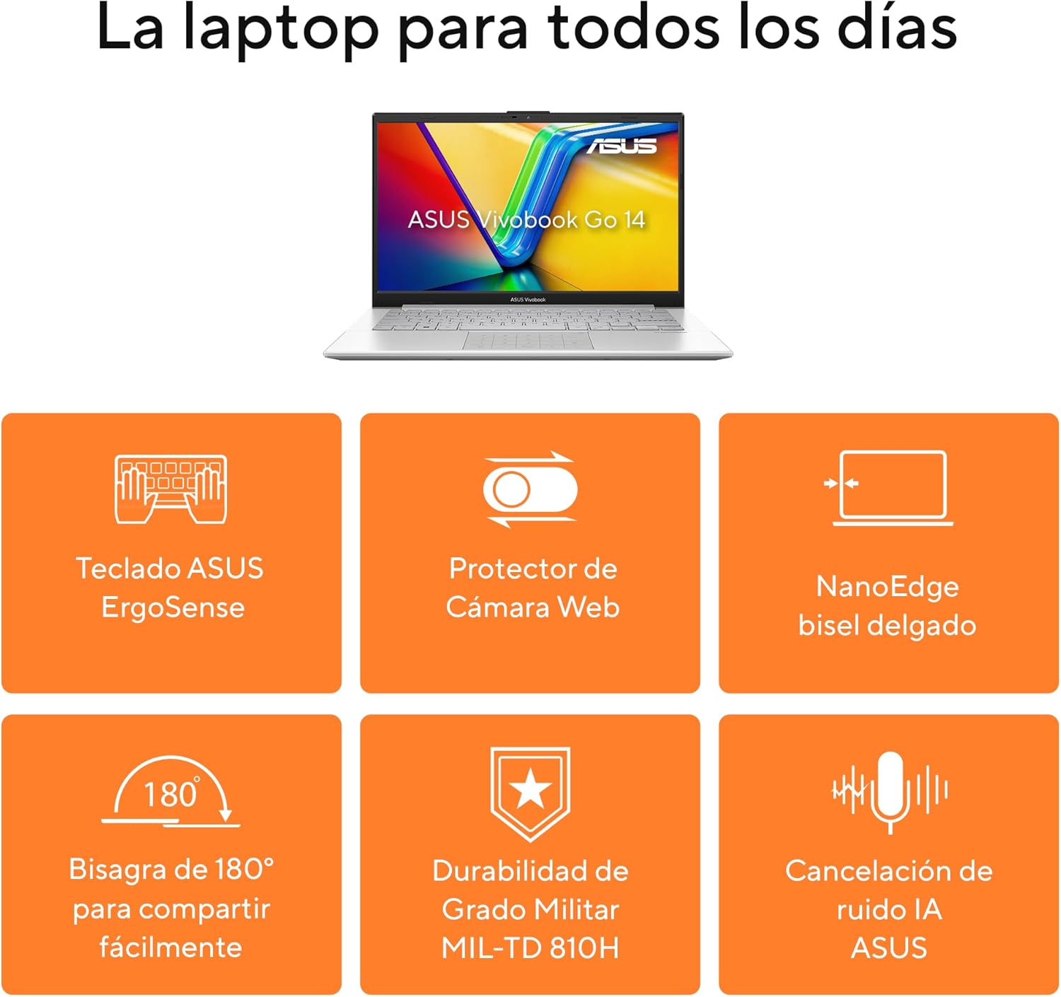 ASUS Laptop Vivobook Go 14/E1404FA-NK480W/AMD Ryzen 5-7520U 4 núcleos/8GB RAM/512GB SSD/Plata/Windows 11/Mouse y Mochila/Teclado en Español(Grantía y Servicio en México)