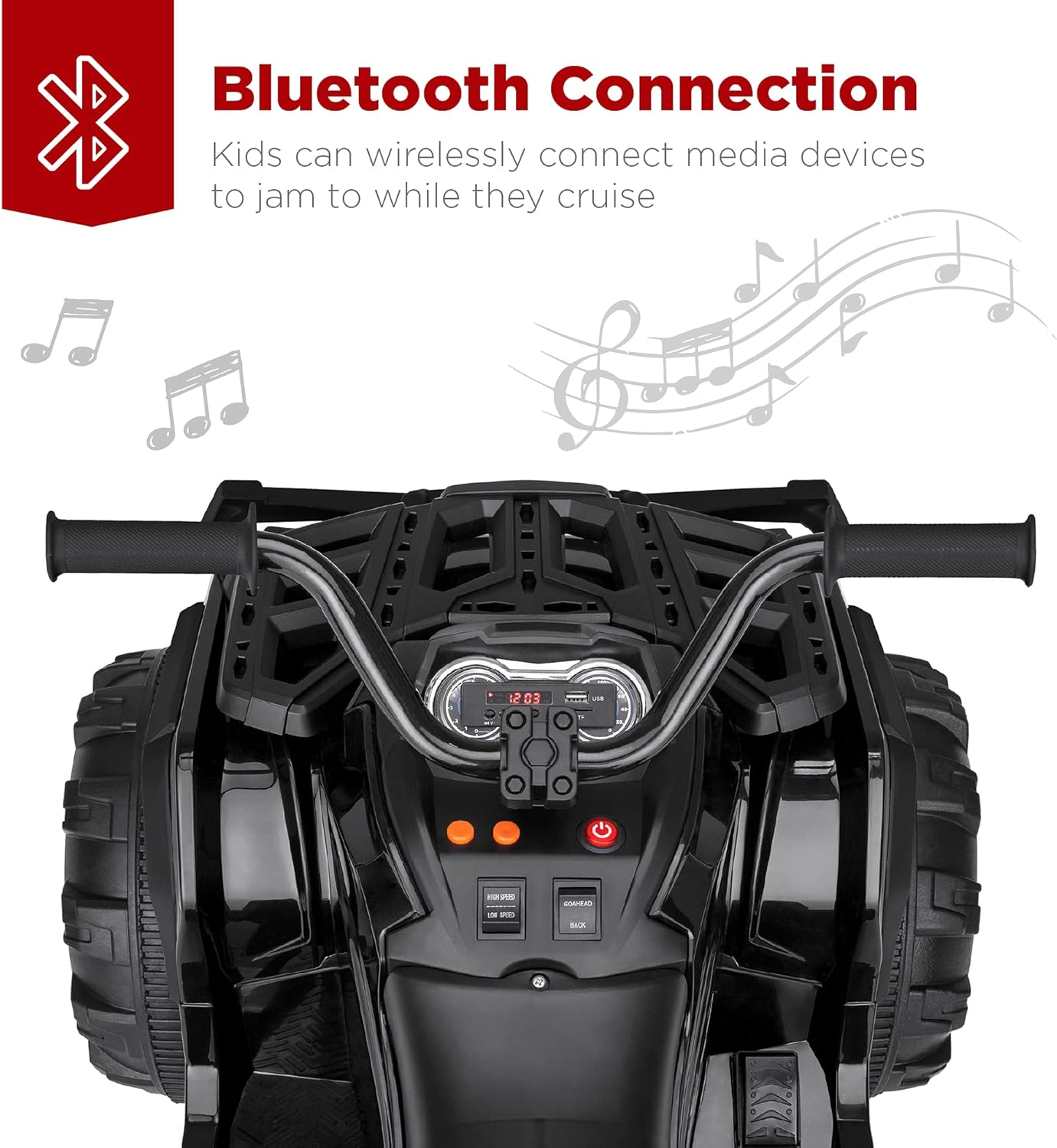 Best Choice Products 12V ATV eléctrico para niños de 4 ruedas con audio Bluetooth, velocidad máxima de 3.7 mph, neumáticos con banda de rodadura, faros LED, radio, color negro