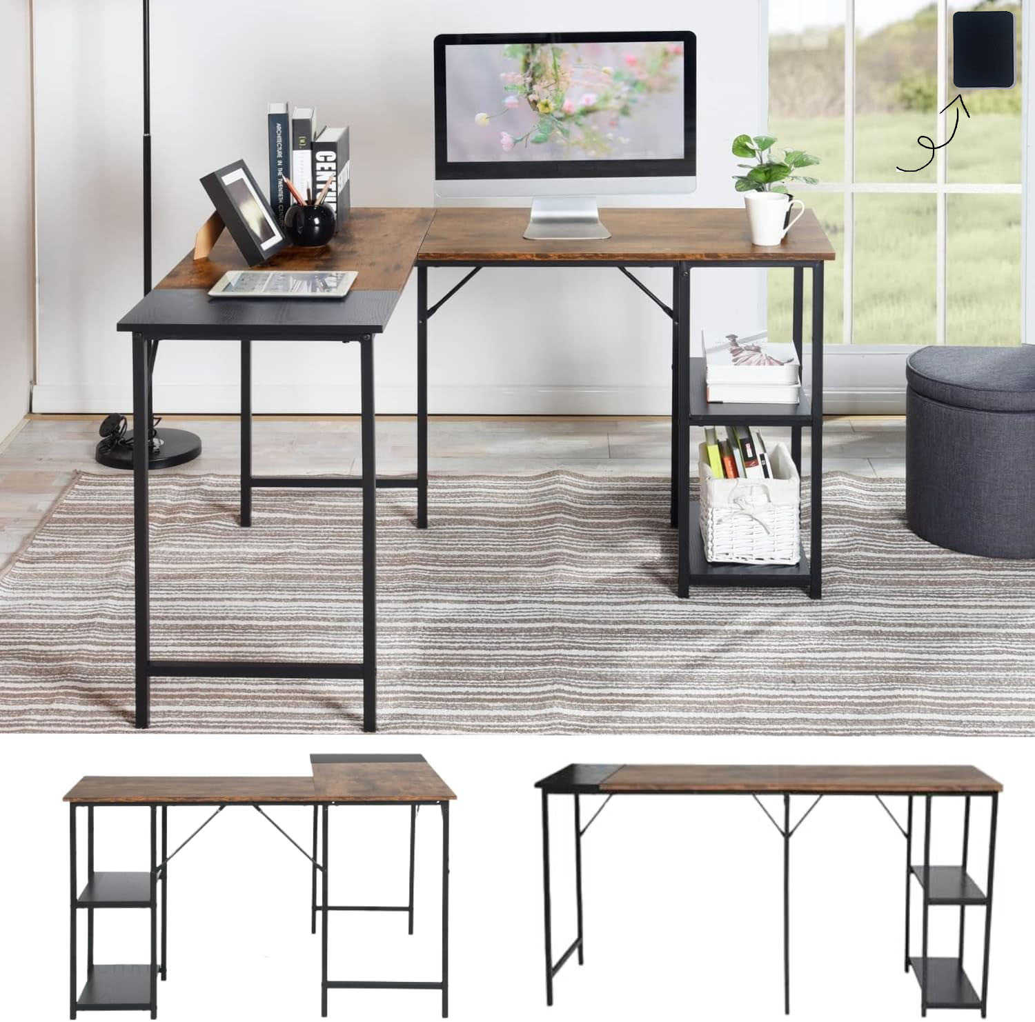 GOMYHOME Escritorio para computadora en Forma de L Escritorio para Juegos de computadora Estación de Trabajo para Escritura Cinturón de Estudio para Oficina en casa Escritorio Grande de 124 cm (Negro)