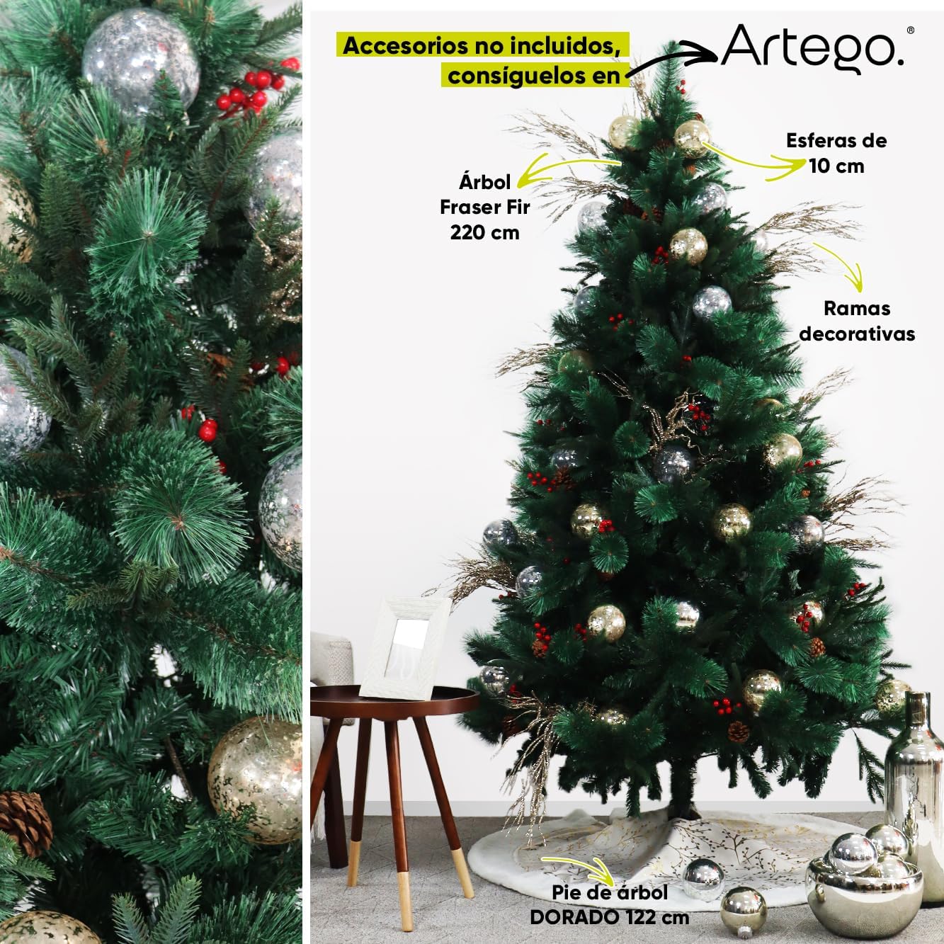BECKON Árbol de Navidad Premium 2.20m Fraser Fir Artego (3 Materiales) Frondoso (1676 Ramas) Pino Artificial Navideño Artego + Maleta/Christmas Tree Decoración navideña (Fraser 220cm)