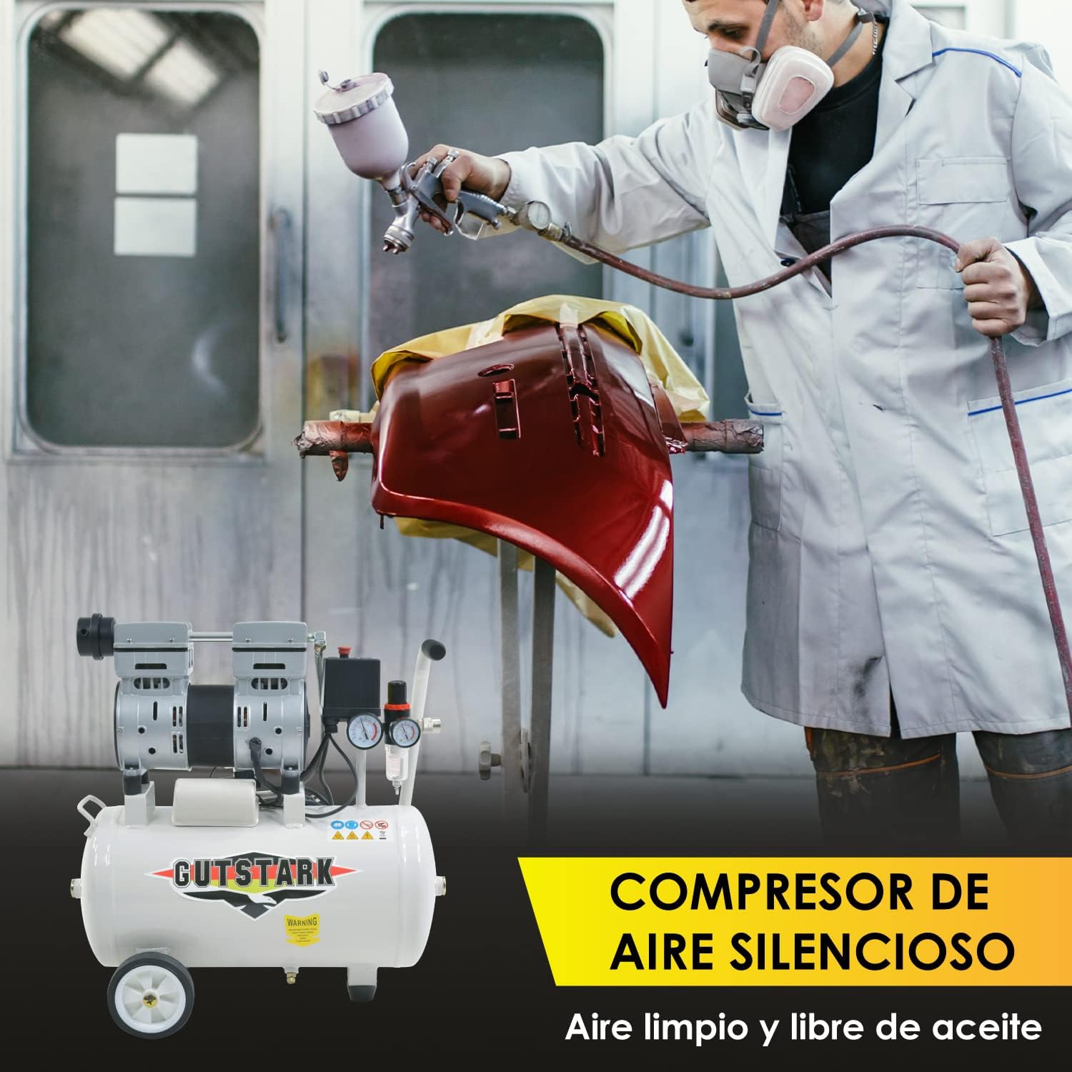 Gutstark Compresor de Aire Libre de Aceite para Pintar Estacion Dental 1HP 25 Litros 116 PSI 1680 RPM Válvula Solenoide 2 Pistones Compresor Silencioso Flujo de Aire 145 Lts X Min Compresores de Aire