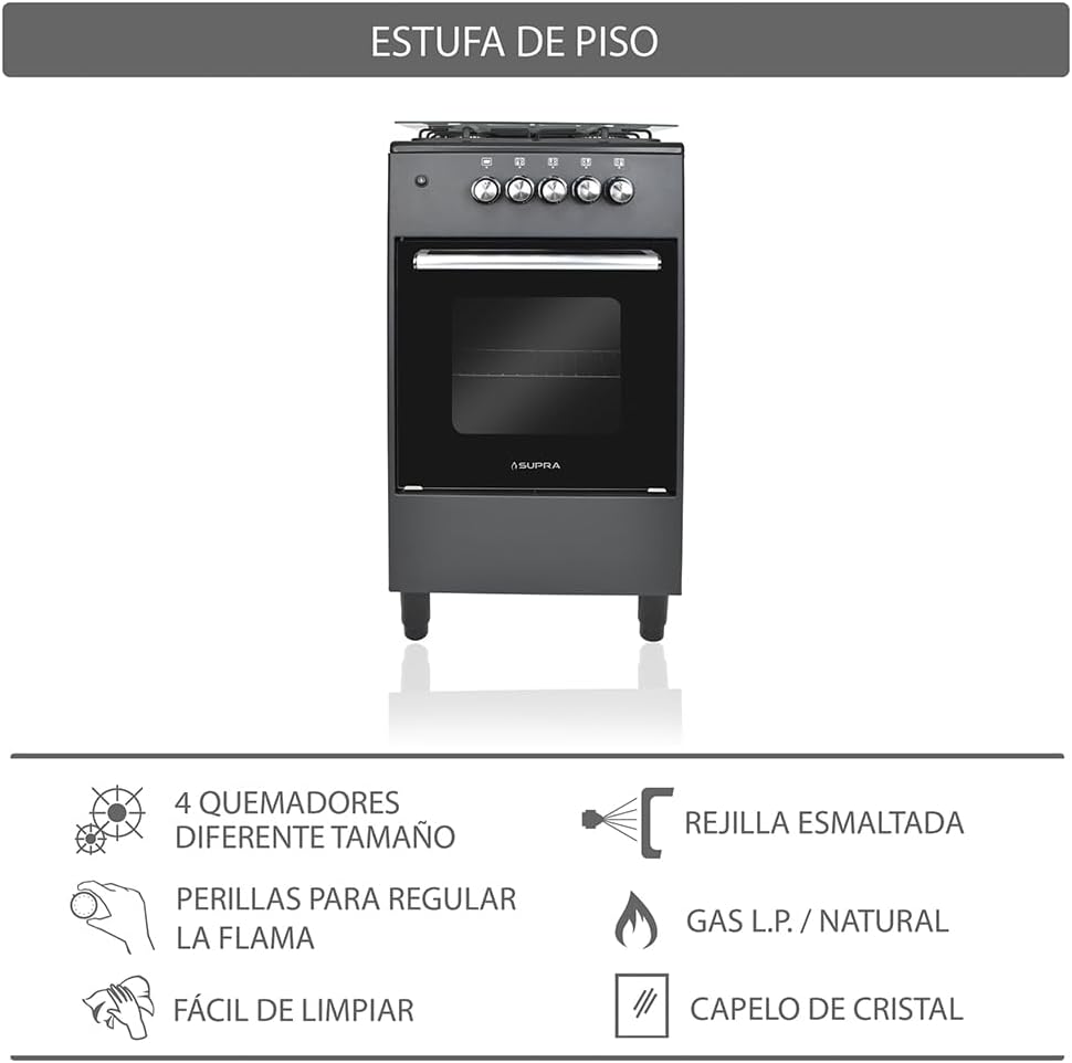 SUPRA Estufa de piso a gas de 4 quemadores de 50 cm Mod. AMBROSIA color negro mate