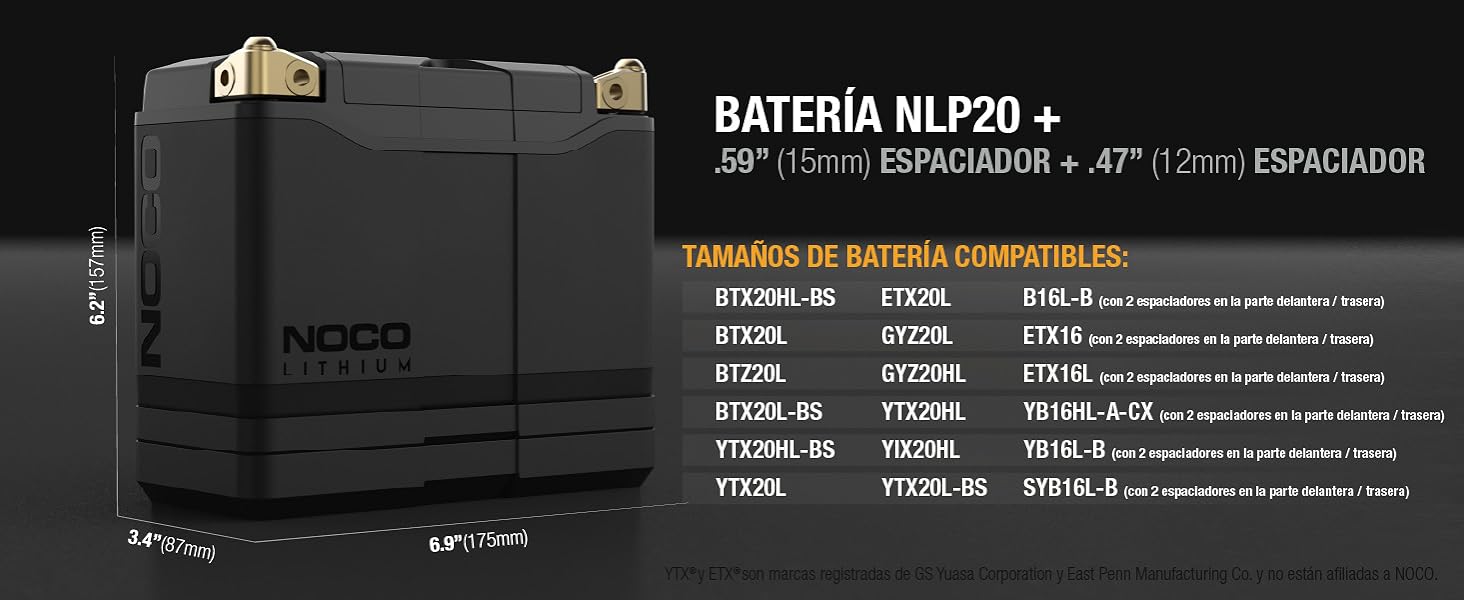 Lithium NLP20, Grupo 20, 600A Litio Powersports Batería, 12V 7Ah Batería de Moto con BMS Dinámico