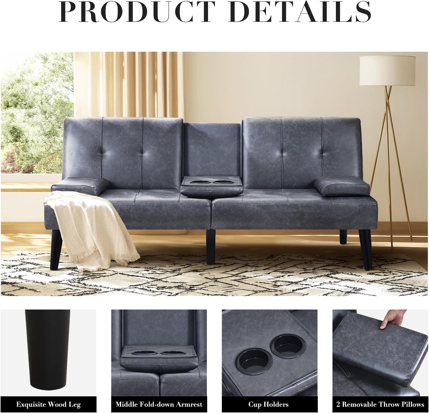 COLAMY - Sofá Cama de futón pequeño, de Piel, futón, sofá de salón, futón Convertible con Soporte para Tazas, reposabrazos extraíble, Respaldo Ajustable, Gris Oscuro