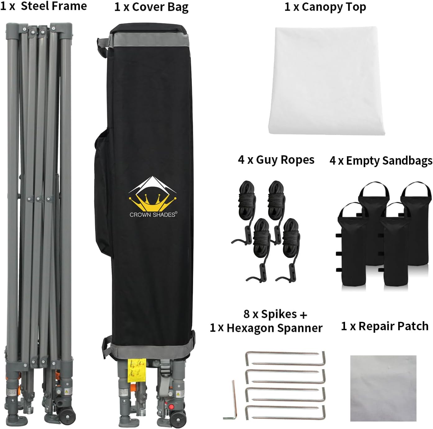 CROWN SHADES - Toldo desplegable de 3.60 x 3.60 metros, toldo patentado de un empuje con bolsa de transporte con ruedas, 8 estacas y 4 cuerdas, negro