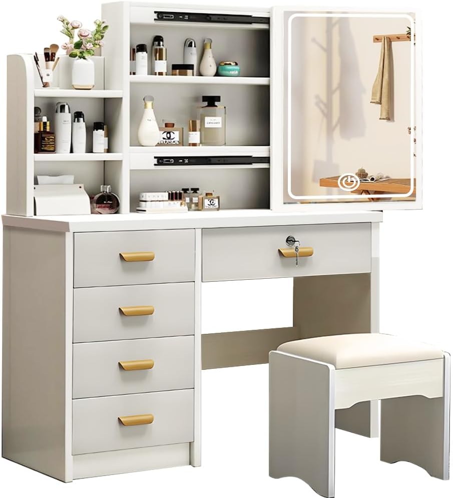 Daiblen con Cajones Vanity Tocador Pequeño, Cómoda de Dormitorio con Espejo Iluminado Tricolor, Juego de Tocador con Taburete Blando, Cómoda con Estantes Ocultos Tocadores para Maquillaje