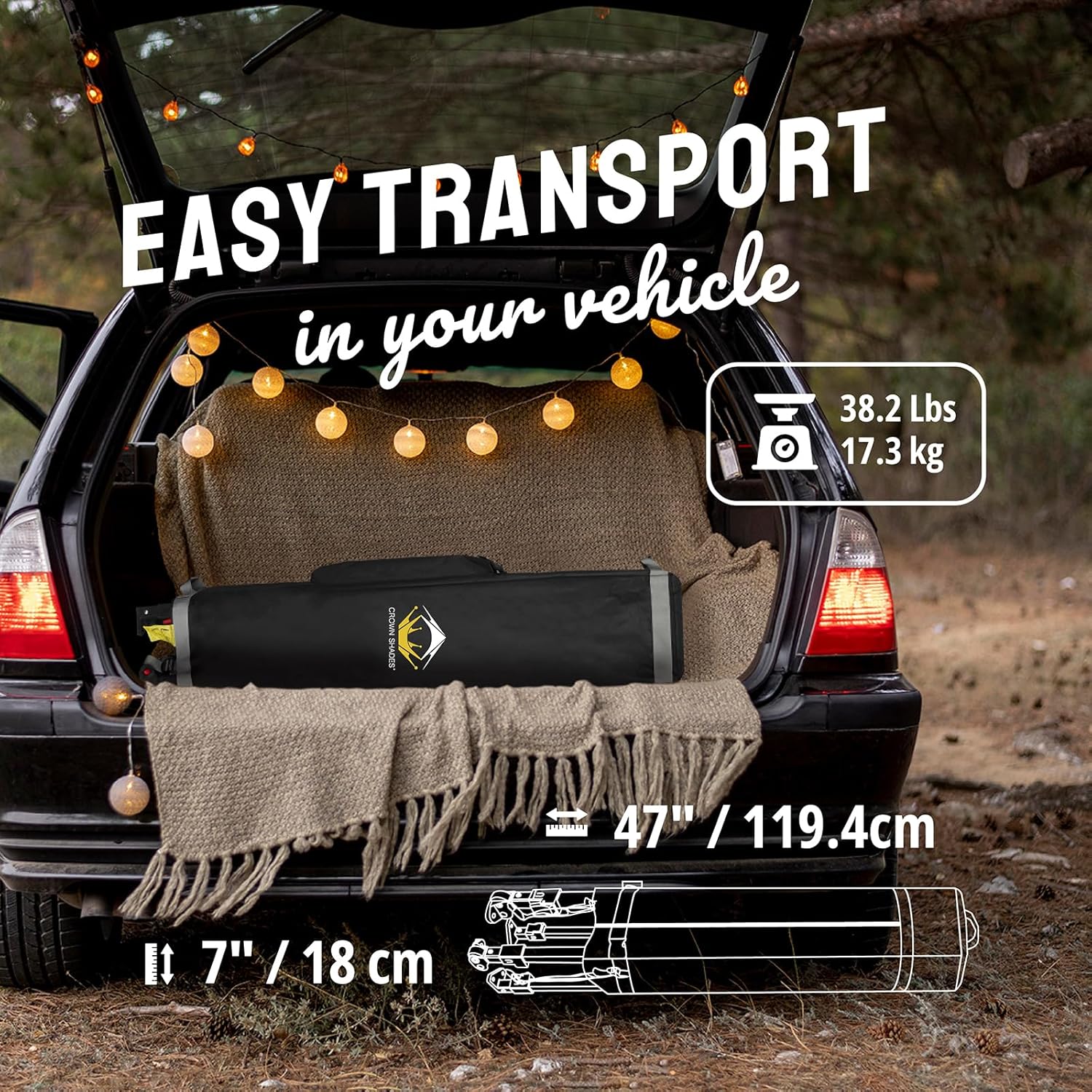 CROWN SHADES - Toldo desplegable de 3.60 x 3.60 metros, toldo patentado de un empuje con bolsa de transporte con ruedas, 8 estacas y 4 cuerdas, negro