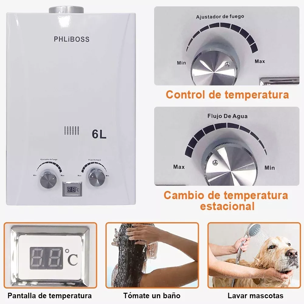 Calentador Agua A Gas Glp Instantaneo 6 Litros Con Pantalla