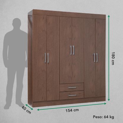 Kingshouse | Ropero De 6 Puertas con 2 Cajones – Color Café – Barra para Colgar – Estructura MDP – Mueble Organizador De Ropa – Armario para Casa, Recámara y Hogar