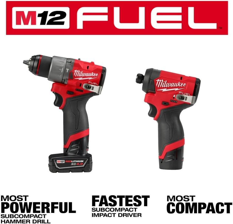 Milwaukee M12 FUEL Kit combinado de taladro percutor inalámbrico y destornillador de impacto sin escobillas de 12 voltios con tecnología de iones de litio, con baterías y bolsa (2 herramientas)