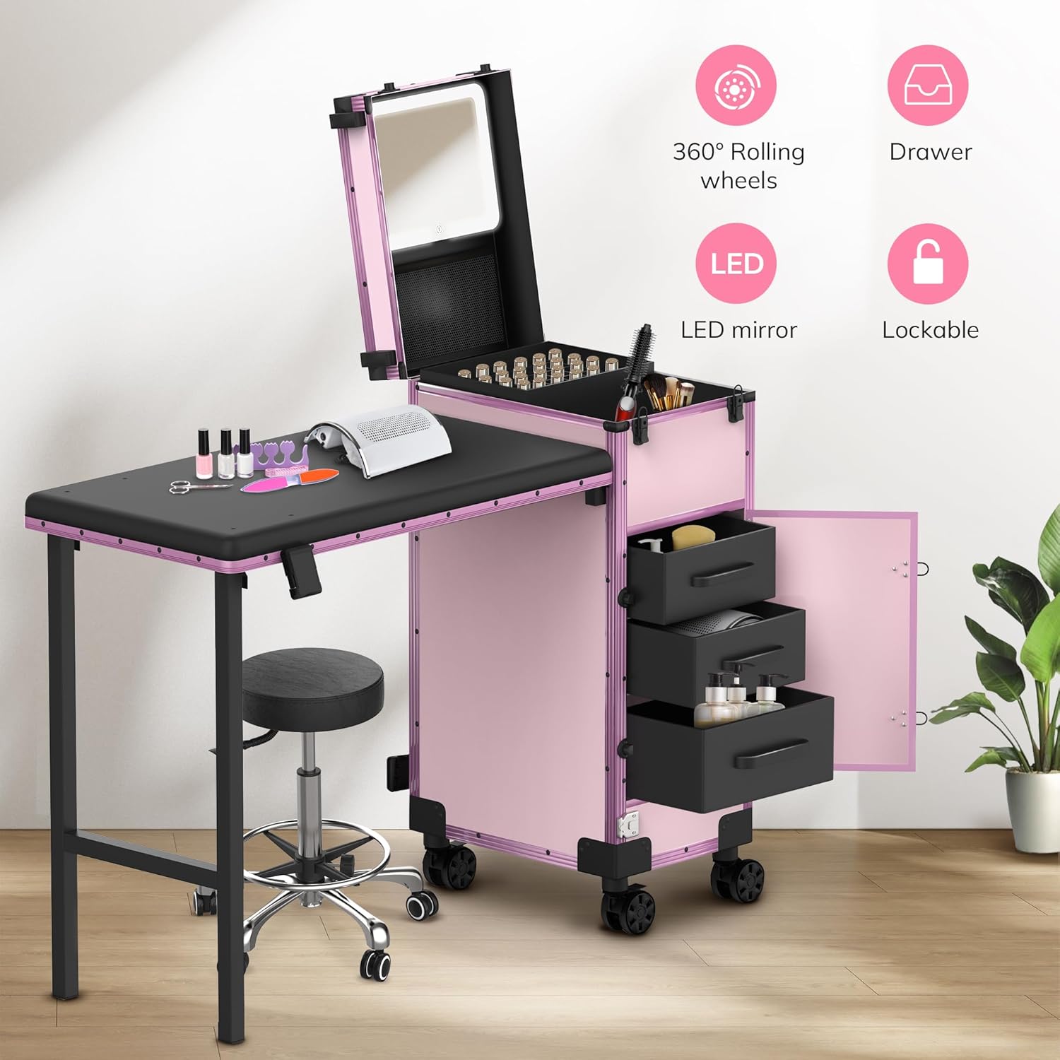 EASYINBEAUTY - Mesa de manicura portátil con 3 cajones, organizador de espejo y esmalte de uñas, estuche de tren de maquillaje con cerradura con computadora de uñas plegable, estuche de viaje