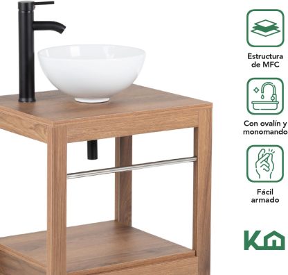 Kingshouse | Gabinete para Baño con Ovalín y Monomando – Mueble de Baño Lavamanos con 2 Cajones – Lavabo – Gabiente Organizador - Color Gris Mate – Fibra de Madera MDF – Lavamanos De Cerámica