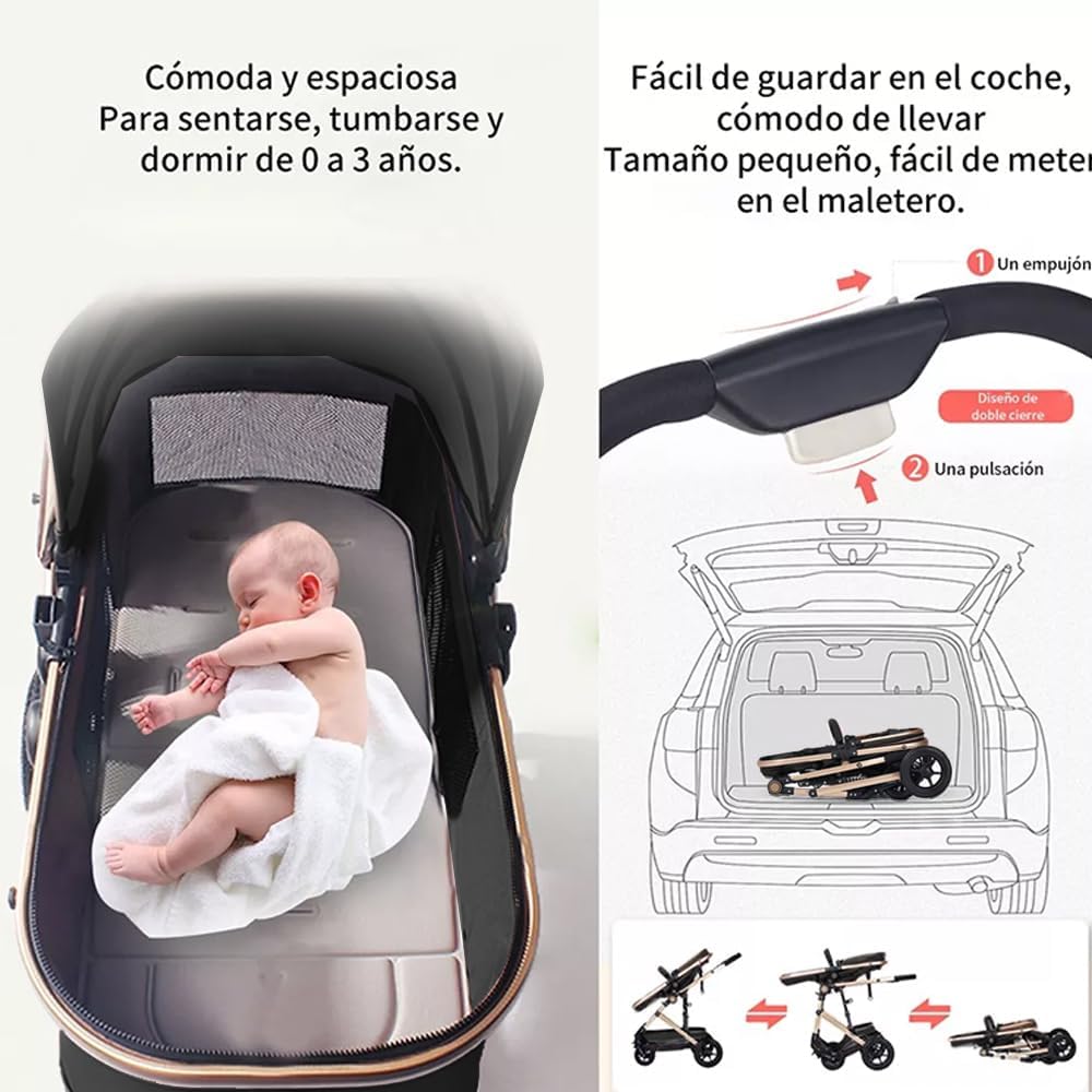 FINYQBET Carrito De Bebé Plegable Universal Para Cuatro Estaciones Sillas De Paseo para Bebés De Alta Vista para Bebés Recién Nacidos, Implementación Bidireccional Multifuncional Y Segura Caqui