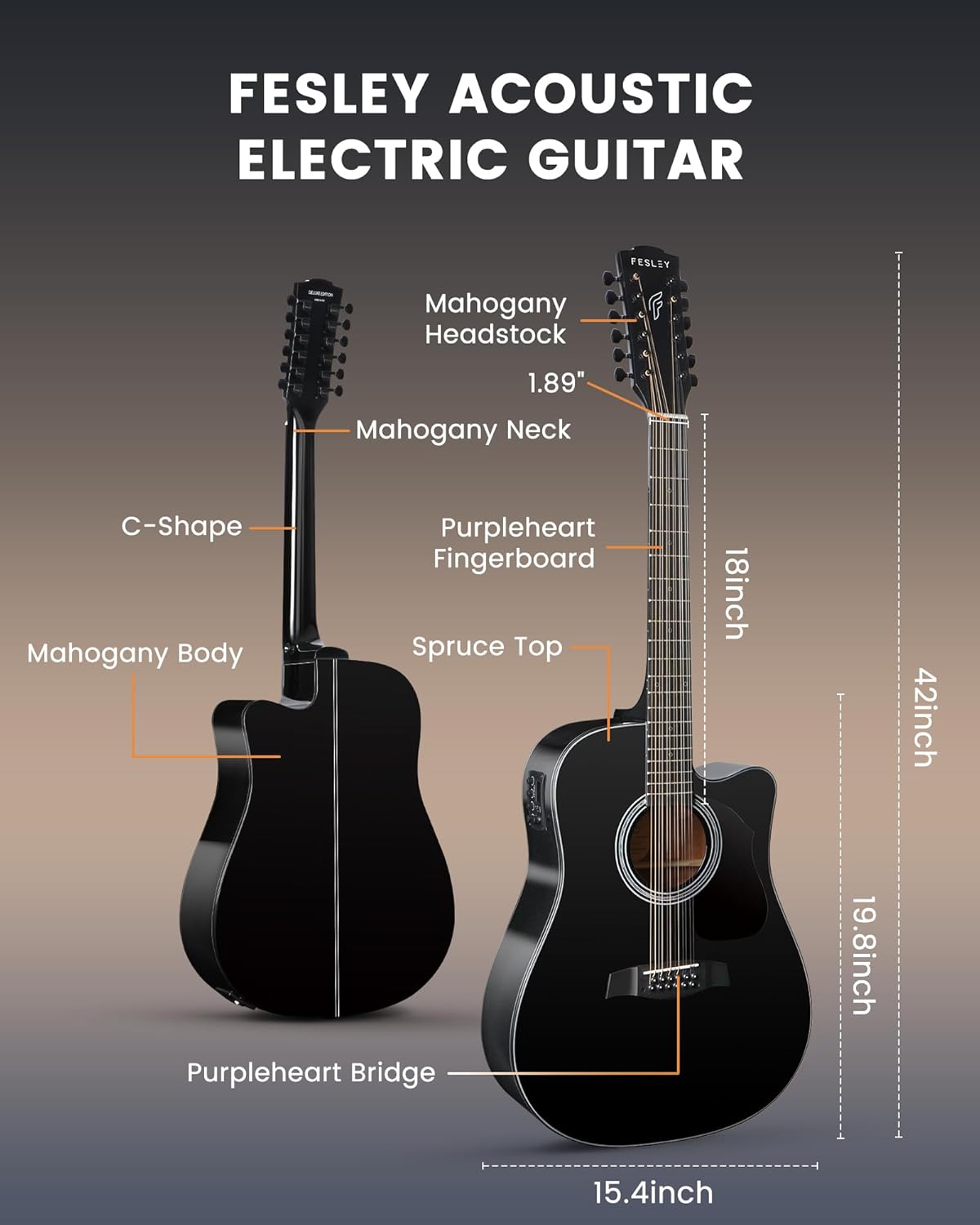Fesley Guitarra de 12 cuerdas, guitarras eléctricas acústicas de tamaño completo para adultos, guitarra de abeto superior acústica, paquete de guitarra recortada con bolsa de concierto, púas, cuerdas, correa, natural
