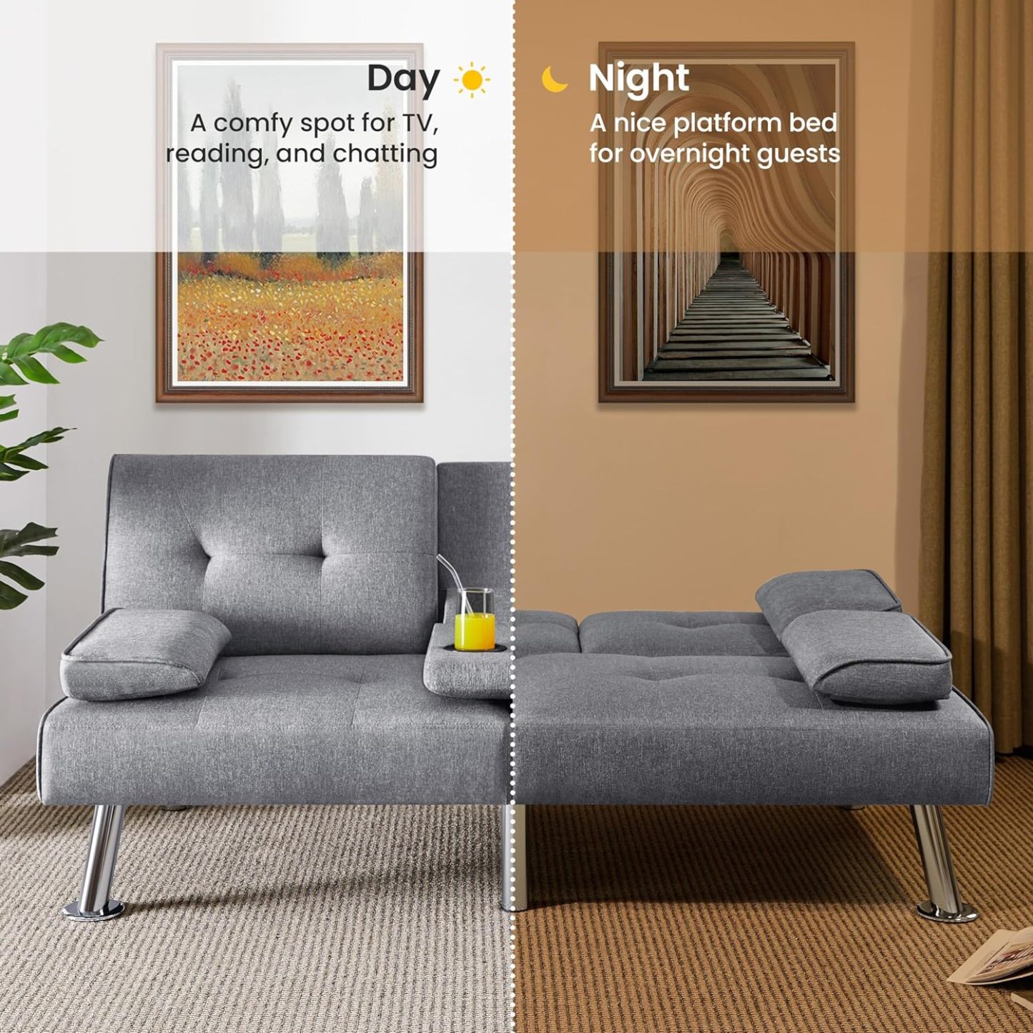 Yaheetech - Sofá Cama Convertible Ajustable, Moderno sillón reclinable de Piel sintética Reversible, sofá Cama Plegable, reposabrazos extraíbles, portavasos, 3 ángulos, Capacidad de 700 Libras, Color