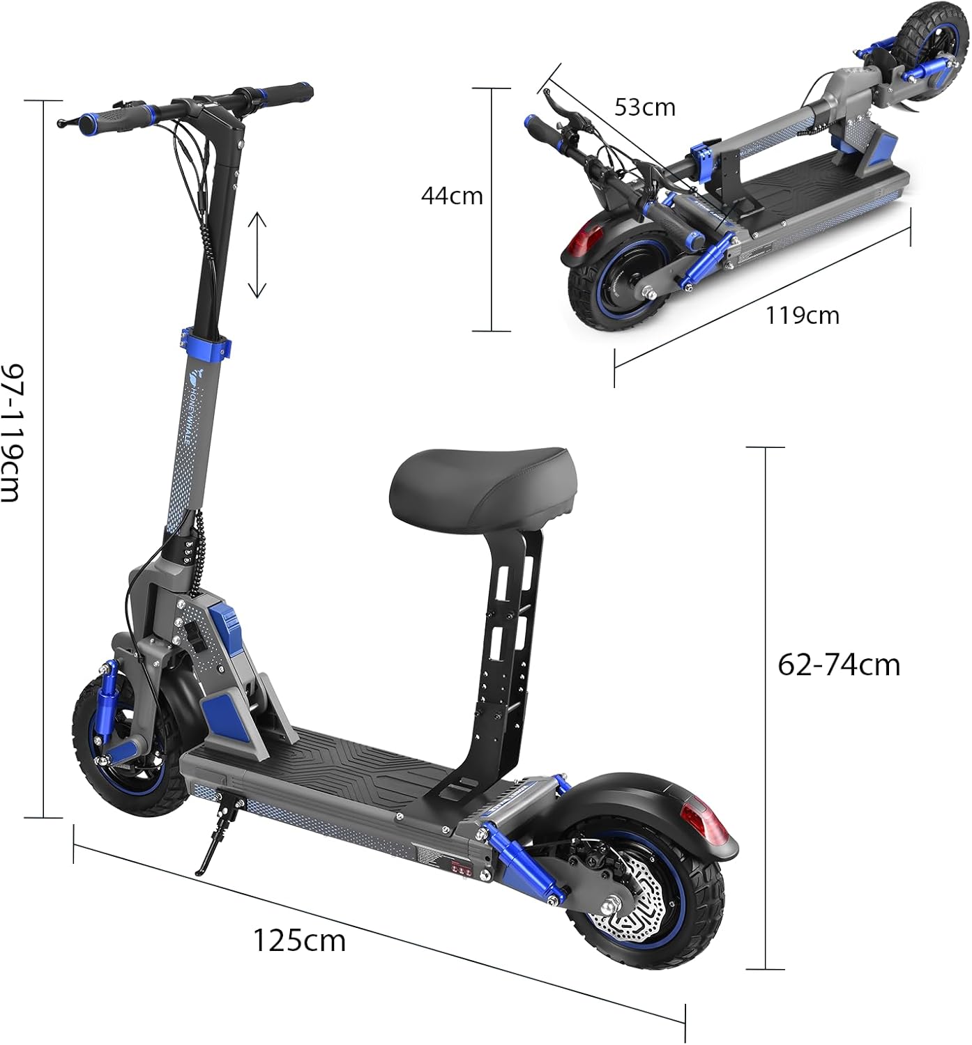 HONEYWHALE C1 Scooter Eléctrico Adulto con Asiento, Patín Eléctrico Plegable con Motor 980W, Velocidad Máxima 45 km/h, Batería 13AH-Autonomía 40km
