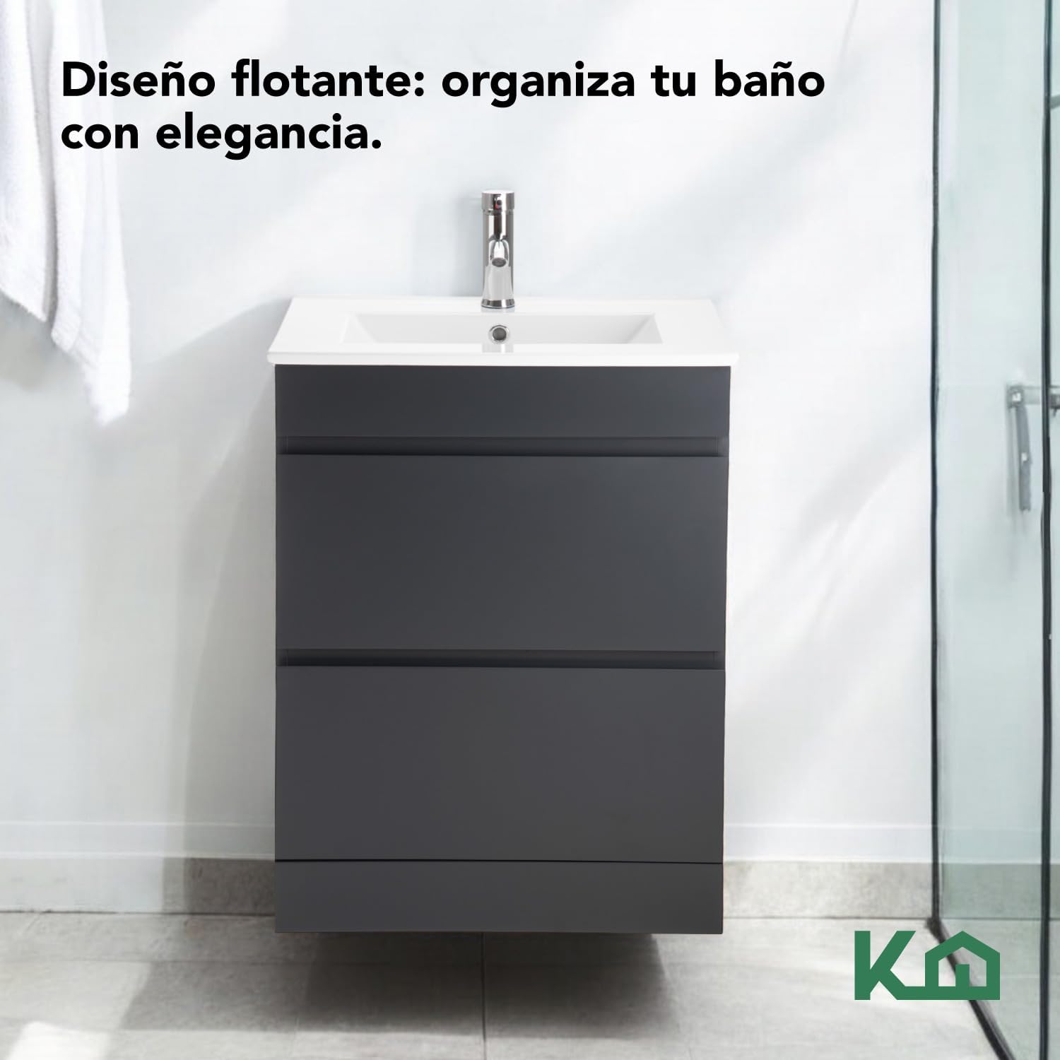 Kingshouse | Gabinete para Baño con Ovalín y Monomando – Mueble de Baño Lavamanos con 2 Cajones – Lavabo – Gabiente Organizador - Color Gris Mate – Fibra de Madera MDF – Lavamanos De Cerámica